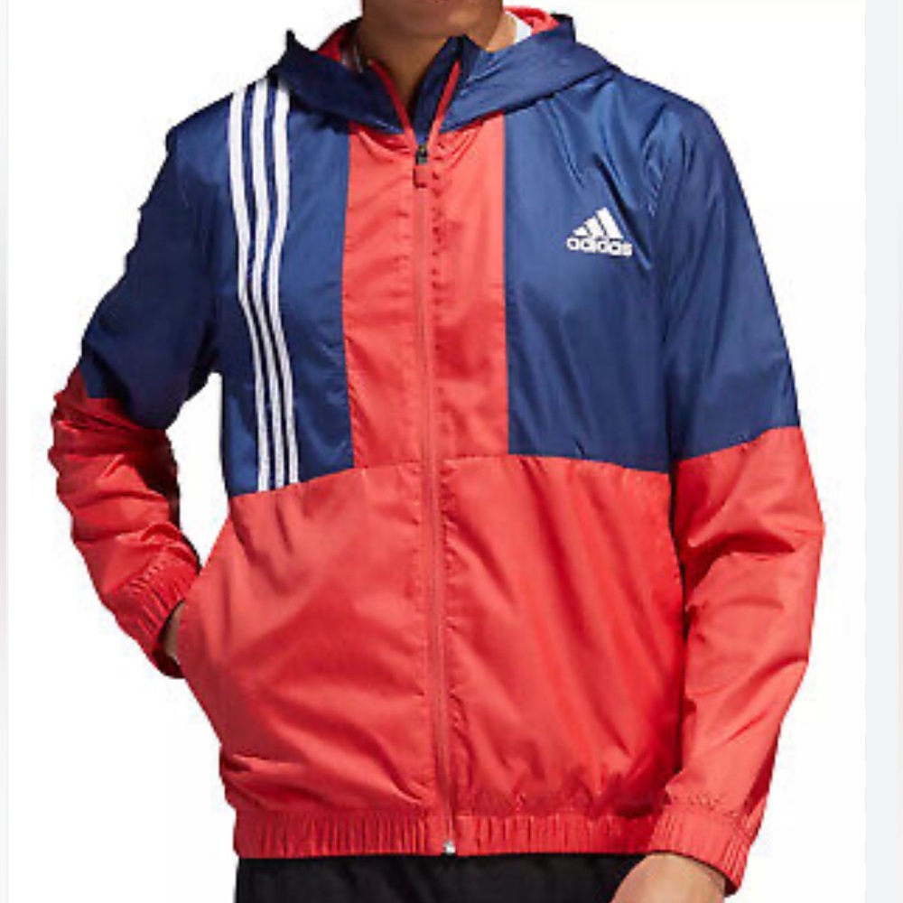 Adidas Axis Windbreaker Jacket Size M Full Zip Hooded Lightweight 3 Stripe Logo